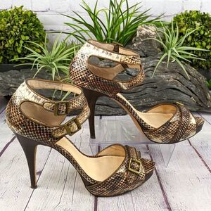 Pelle Moda Vicious Brown Multi Snake / Metallic Kid Ankle Strap Sandal Heels